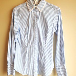 Blue and White Striped Max-Volmary Blouse with Shell Buttons, Pearl Cuffs (US10)
